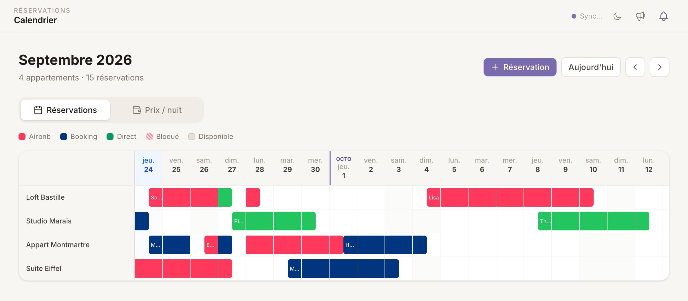 Calendrier unifié de KyFlow : quatre appartements, réservations Airbnb, Booking et directes sur la même vue.