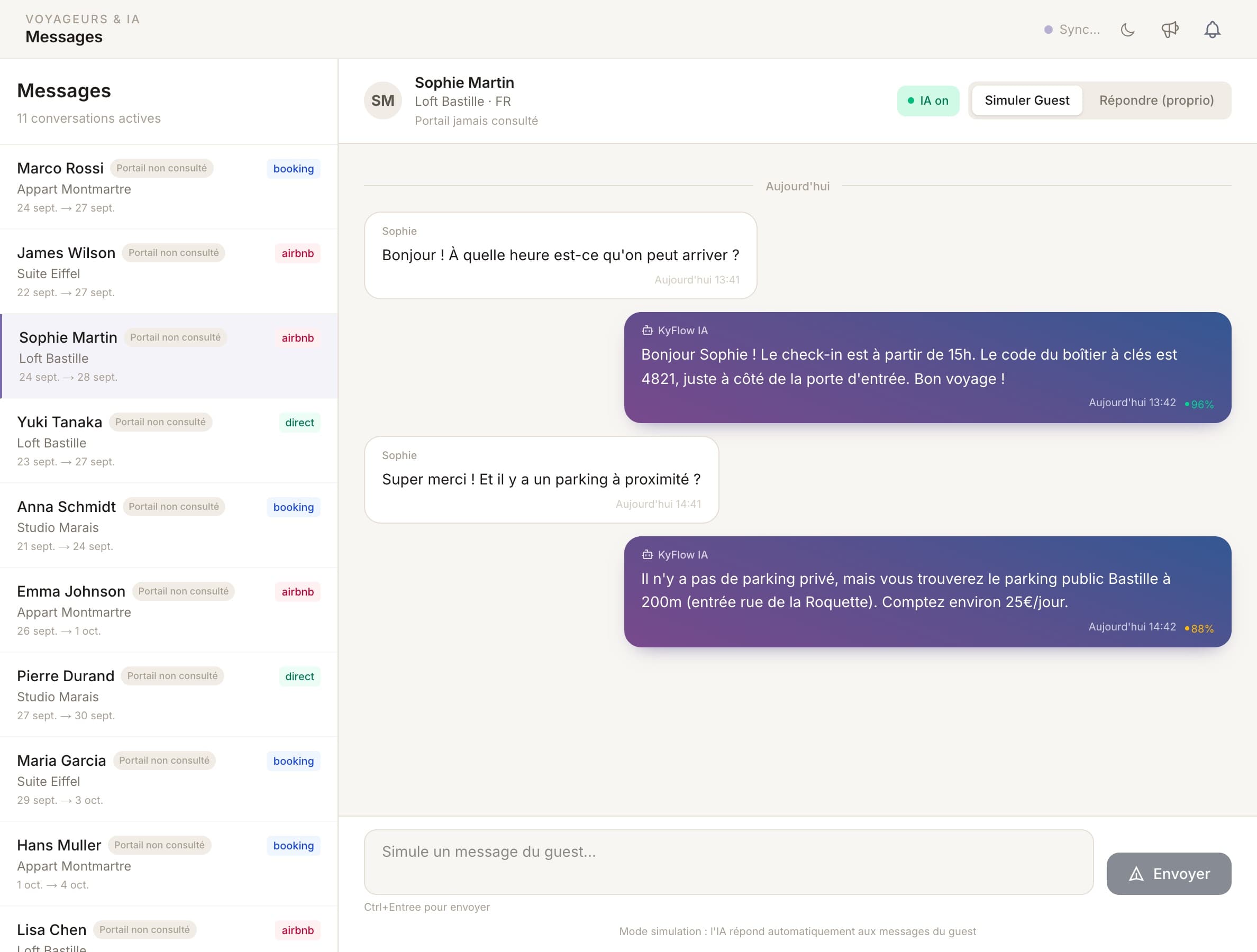 Écran Messages de KyFlow : une conversation avec une voyageuse, où l'IA a répondu à l'heure d'arrivée et au parking.
